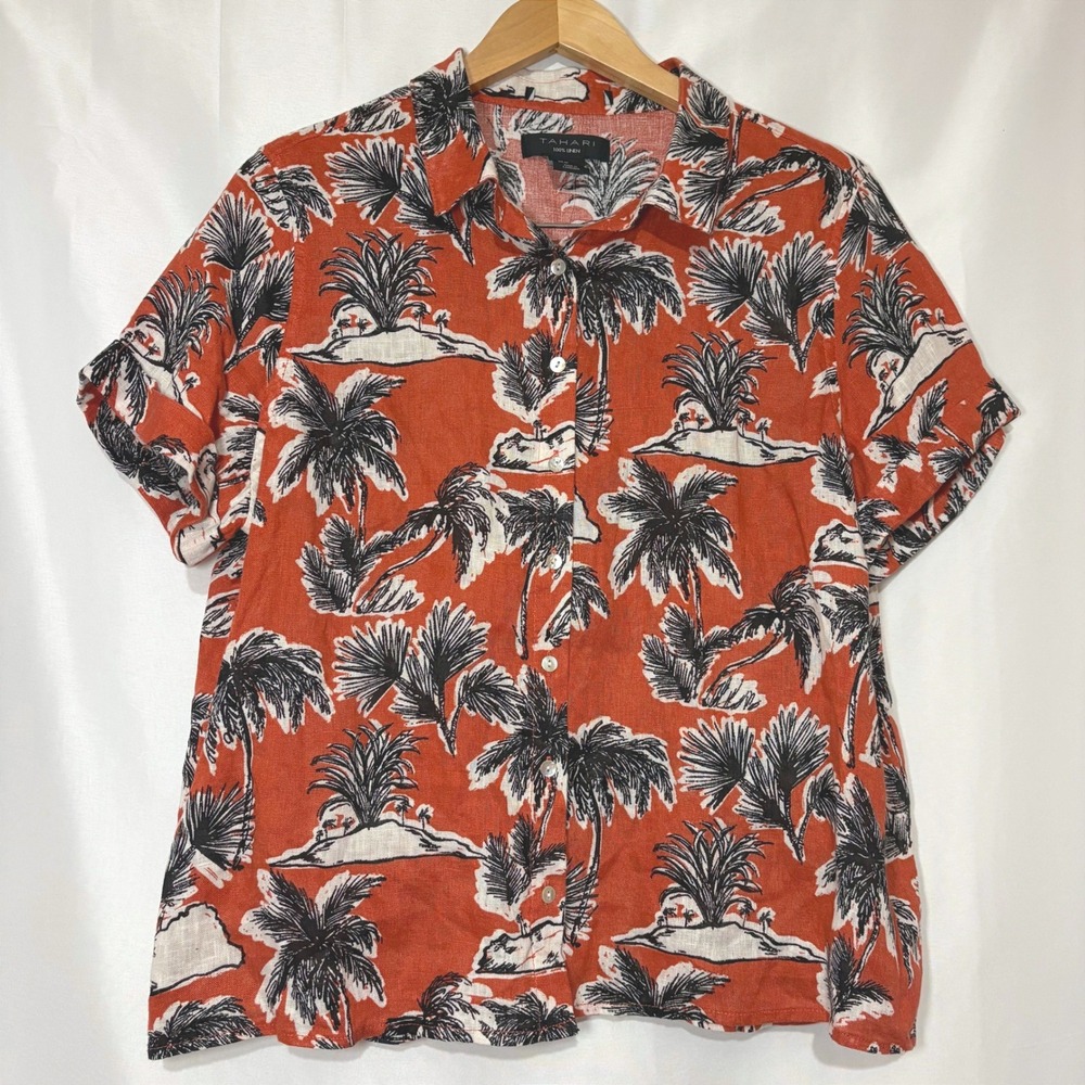 Tahari Womens 100% Linen Tropical Palm Tree Print Button Down Shirt Orange SizeM